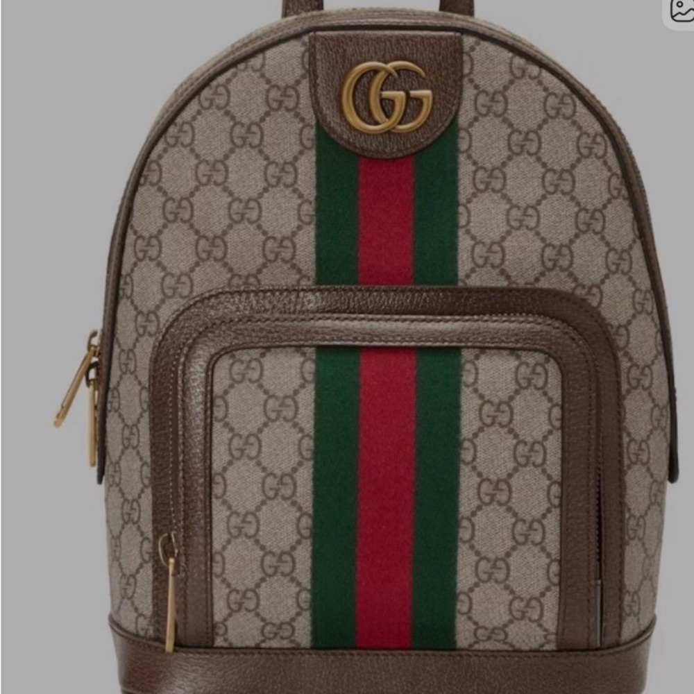 Gucci Monogram Backpack with Gold and Red Accents
